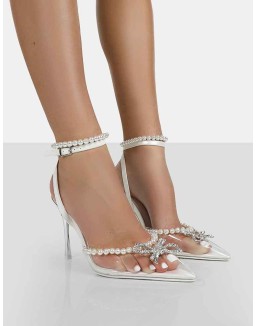 Pearly Pearlescent White Wrap Around Party Pointed Toe Stiletto Court Heels