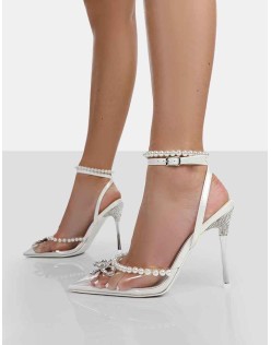 Pearly Pearlescent White Wrap Around Party Pointed Toe Stiletto Court Heels