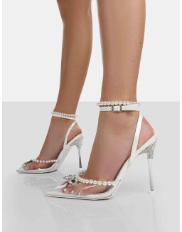 Pearly Pearlescent White Wrap Around Party Pointed Toe Stiletto Court Heels