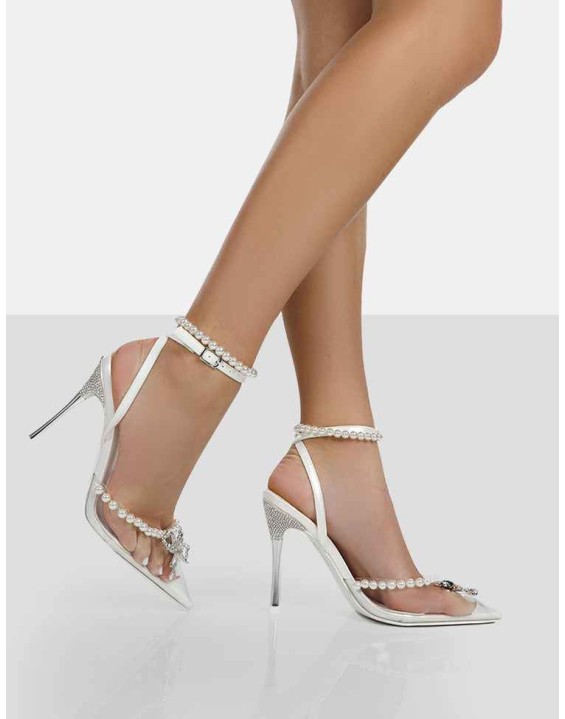Pearly Pearlescent White Wrap Around Party Pointed Toe Stiletto Court Heels