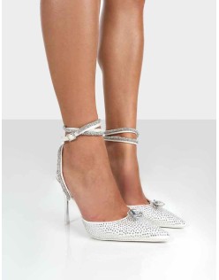 Glisten White Sparkly Diamante Wrap Around Pointed Toe Court Heels