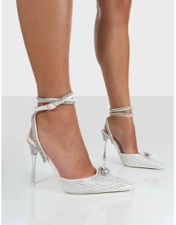 Glisten White Sparkly Diamante Wrap Around Pointed Toe Court Heels