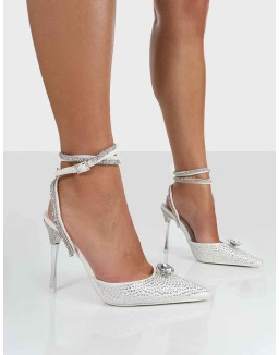 Glisten White Sparkly Diamante Wrap Around Pointed Toe Court Heels