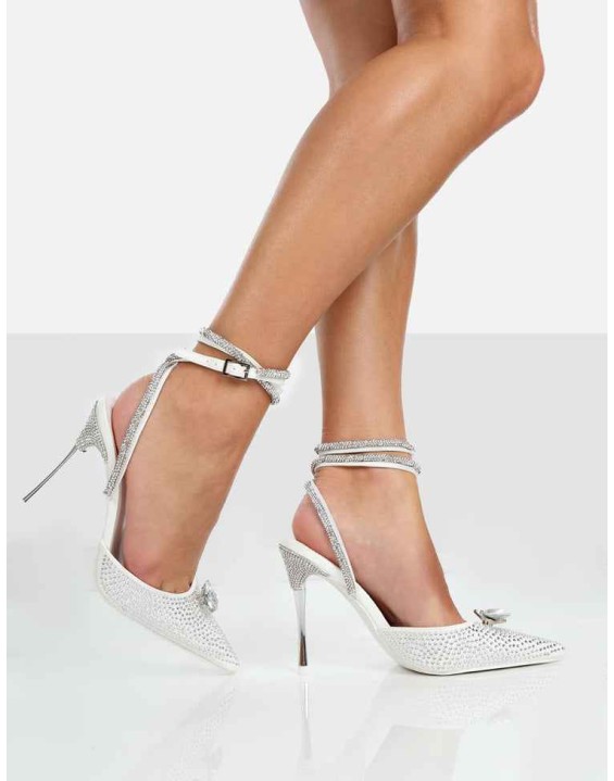 Glisten White Sparkly Diamante Wrap Around Pointed Toe Court Heels