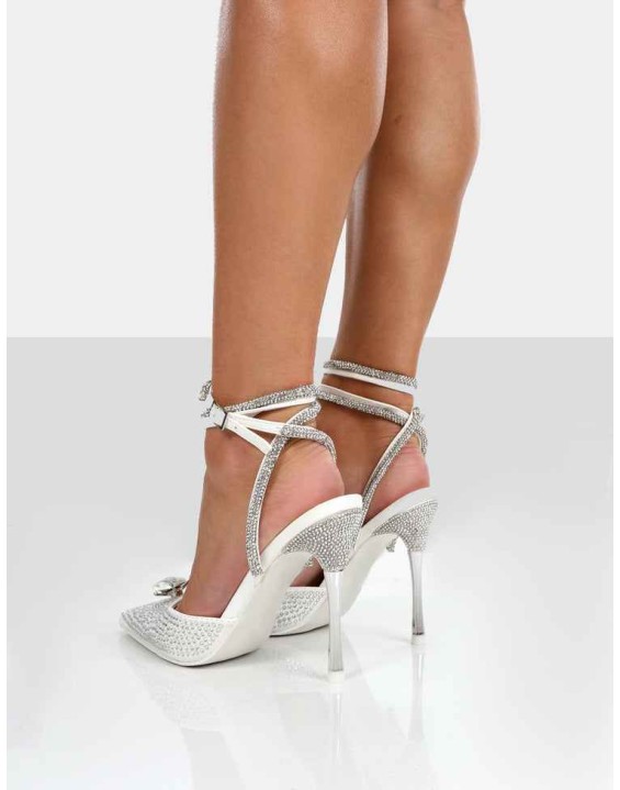 Glisten White Sparkly Diamante Wrap Around Pointed Toe Court Heels