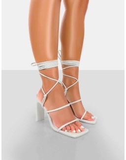 Chloe White Pu Strappy Square Toe Lace Up Heels