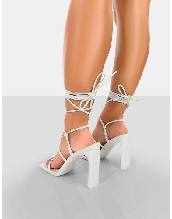 Chloe White Pu Strappy Square Toe Lace Up Heels