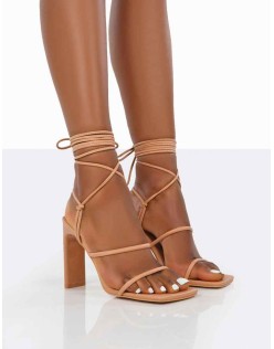 Chloe Nude Pu Strappy Square Toe Lace Up Heels