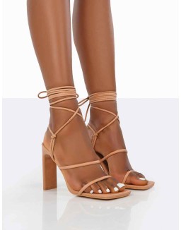 Chloe Nude Pu Strappy Square Toe Lace Up Heels