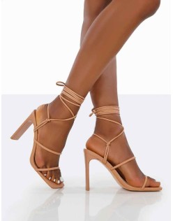 Chloe Nude Pu Strappy Square Toe Lace Up Heels