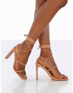 Chloe Nude Pu Strappy Square Toe Lace Up Heels