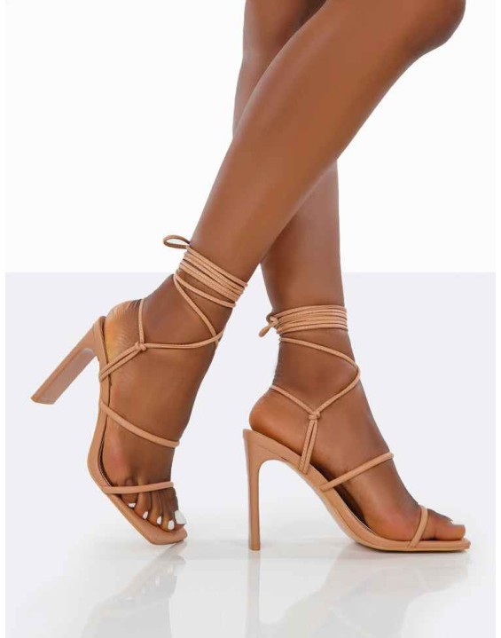 Chloe Nude Pu Strappy Square Toe Lace Up Heels