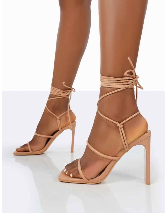 Chloe Nude Pu Strappy Square Toe Lace Up Heels