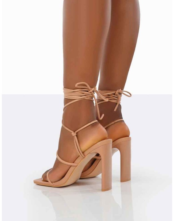 Chloe Nude Pu Strappy Square Toe Lace Up Heels