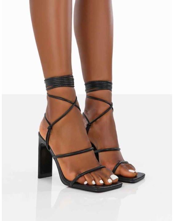 Chloe Black Pu Strappy Square Toe Lace Up Heels