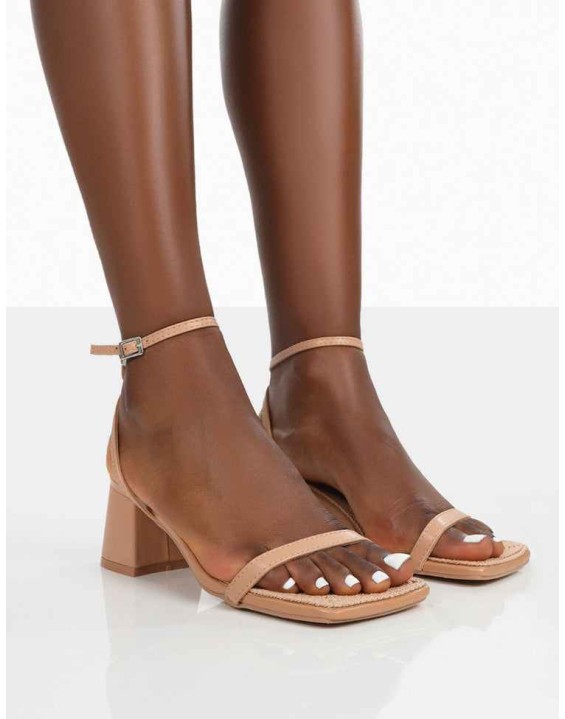Lane Nude Raffia Strappy Mid Block Heeled Sandals