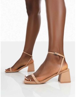 Lane Nude Raffia Strappy Mid Block Heeled Sandals