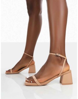 Lane Nude Raffia Strappy Mid Block Heeled Sandals
