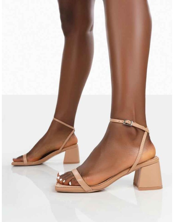 Lane Nude Raffia Strappy Mid Block Heeled Sandals