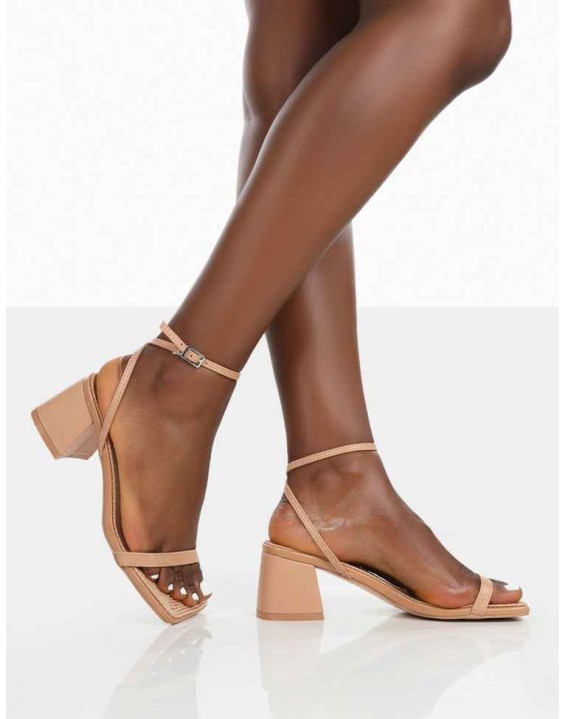 Lane Nude Raffia Strappy Mid Block Heeled Sandals