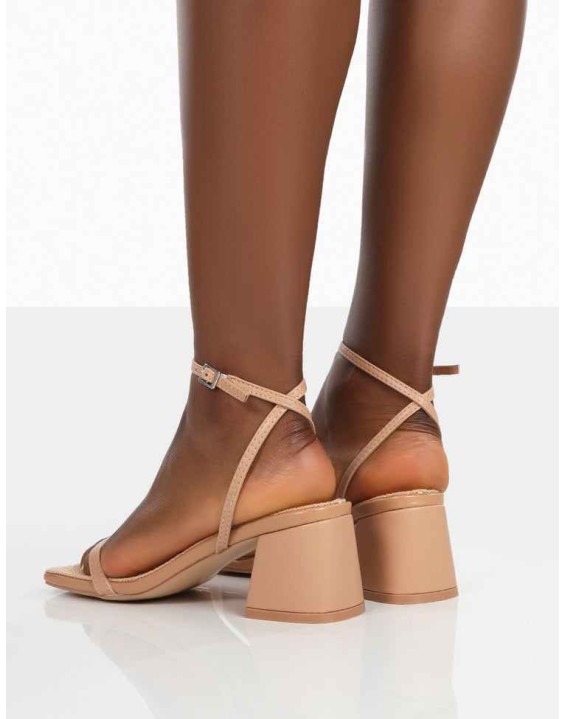 Lane Nude Raffia Strappy Mid Block Heeled Sandals
