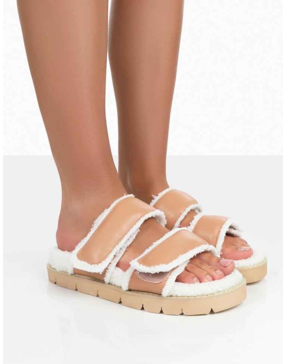 Rinc Nude Pu Faux Fur Slide Sandals