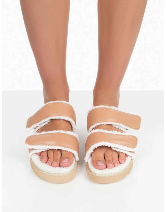 Rinc Nude Pu Faux Fur Slide Sandals