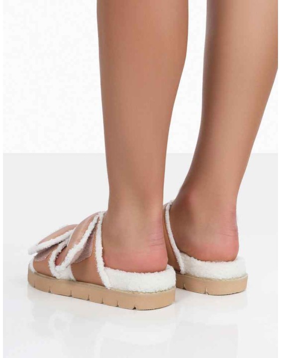 Rinc Nude Pu Faux Fur Slide Sandals