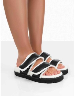 Rinc Black Pu Faux Fur Slide Sandals