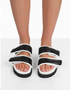 Rinc Black Pu Faux Fur Slide Sandals