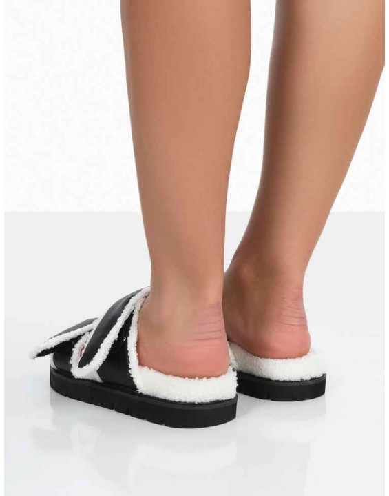 Rinc Black Pu Faux Fur Slide Sandals