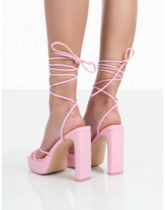 Bring It Pink Pu Square Toe Lace Up Strappy Platform Thin Block Heels