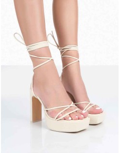 Bring It Ecru Patent Croc Square Toe Lace Up Strappy Platform Thin Block Heels