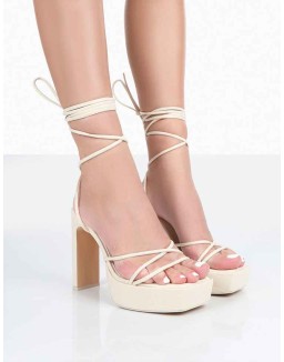 Bring It Ecru Patent Croc Square Toe Lace Up Strappy Platform Thin Block Heels