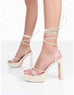 Bring It Ecru Patent Croc Square Toe Lace Up Strappy Platform Thin Block Heels