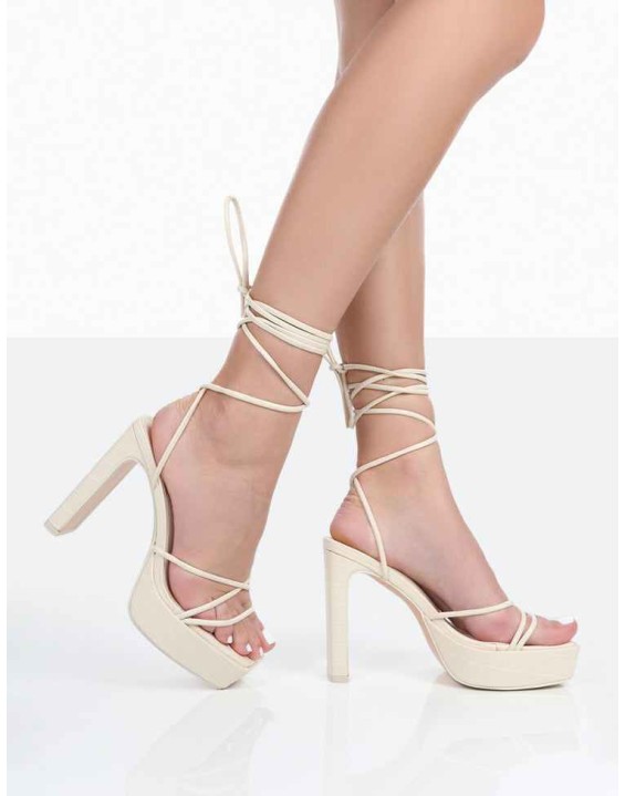 Bring It Ecru Patent Croc Square Toe Lace Up Strappy Platform Thin Block Heels