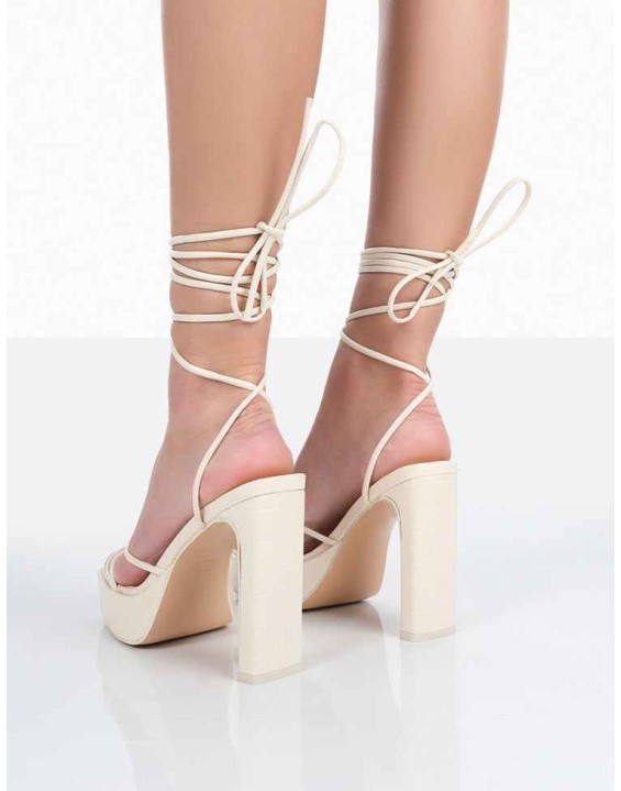 Bring It Ecru Patent Croc Square Toe Lace Up Strappy Platform Thin Block Heels