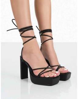 Bring It Black Pu Square Toe Lace Up Strappy Platform Thin Block Heels