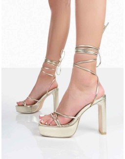 Bring It Gold Pu Square Toe Lace Up Strappy Platform Thin Block Heels