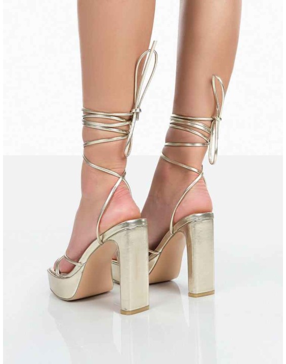 Bring It Gold Pu Square Toe Lace Up Strappy Platform Thin Block Heels