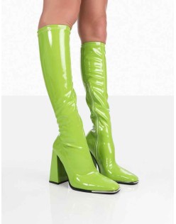 Caryn Lime Patent Knee High Heeled Boots