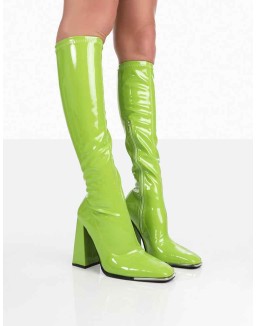 Caryn Lime Patent Knee High Heeled Boots