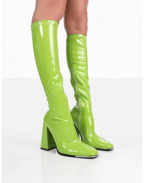 Caryn Lime Patent Knee High Heeled Boots