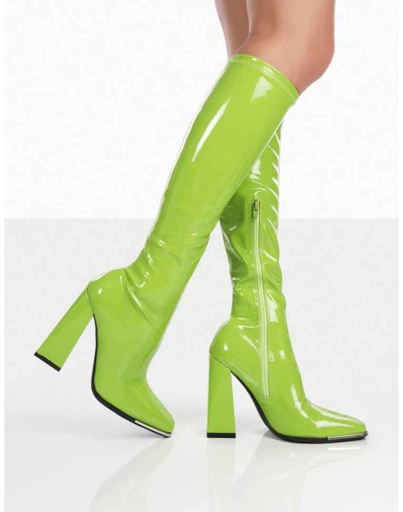 Caryn Lime Patent Knee High Heeled Boots