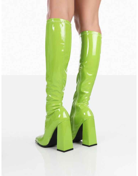 Caryn Lime Patent Knee High Heeled Boots