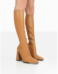 Caryn Camel Grain Pu Knee High Heeled Boots