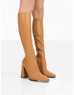 Caryn Camel Grain Pu Knee High Heeled Boots
