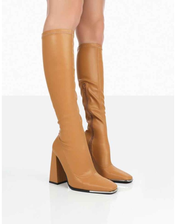 Caryn Camel Grain Pu Knee High Heeled Boots