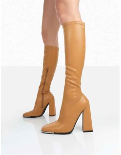 Caryn Camel Grain Pu Knee High Heeled Boots