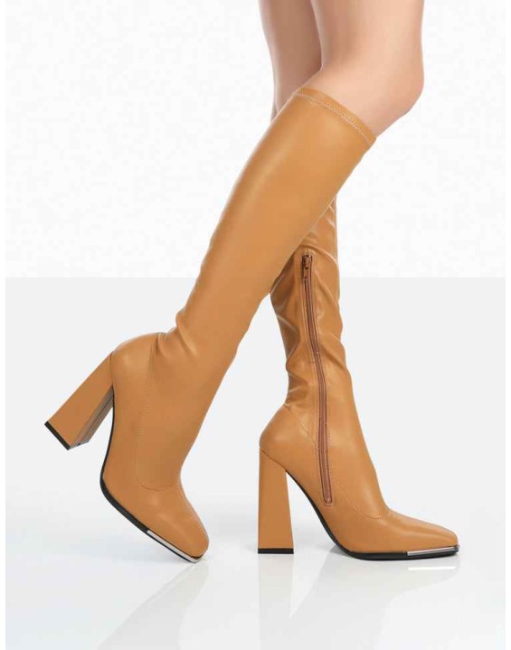 Caryn Camel Grain Pu Knee High Heeled Boots